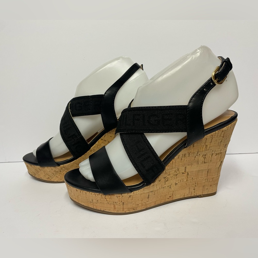 Tommy Hilfiger kezno vegan Black Wedge Sandals heels crisscross cork 6.5